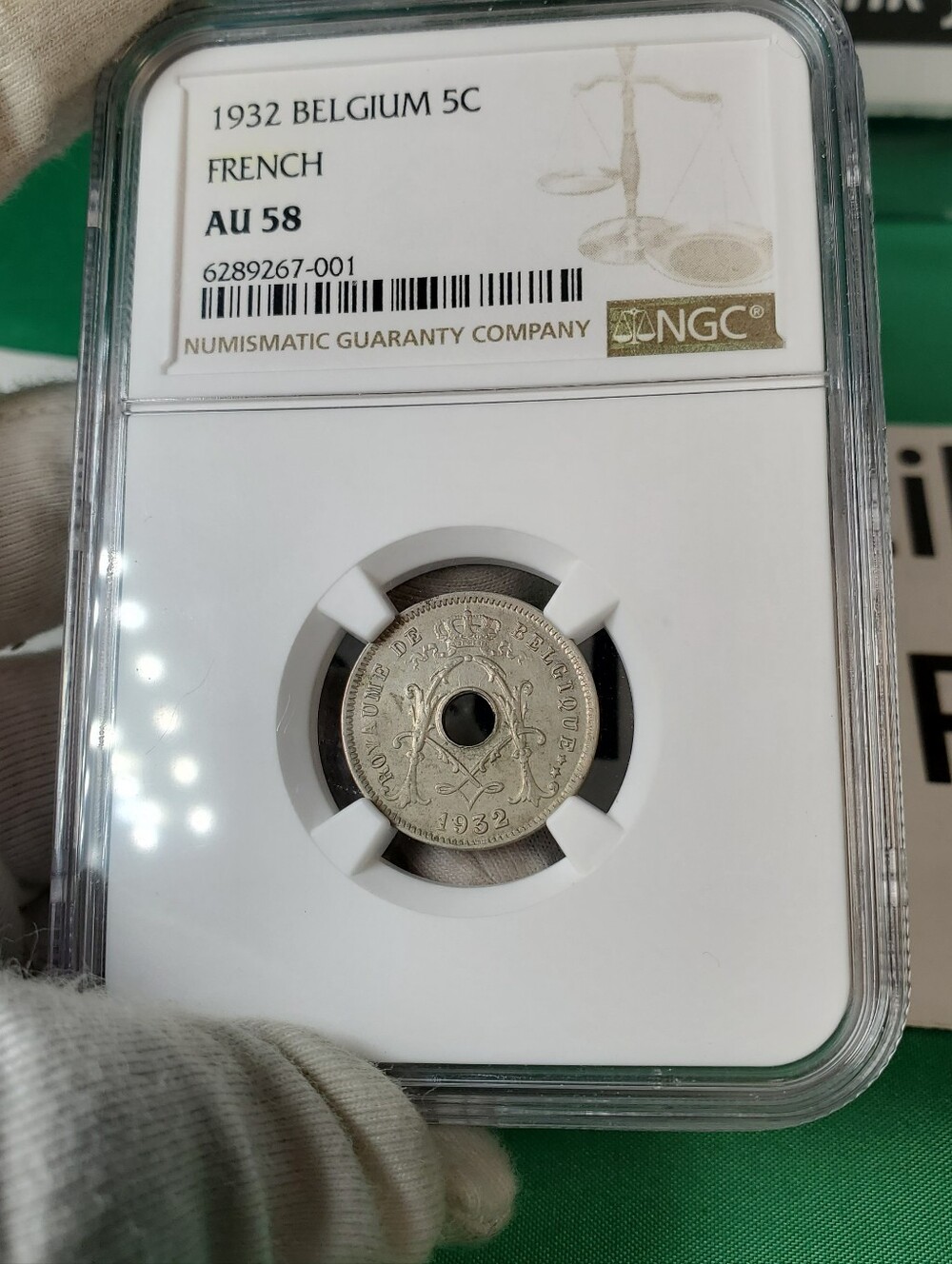 Belgium 5 Centimes 1932 French with star NGC AU 58